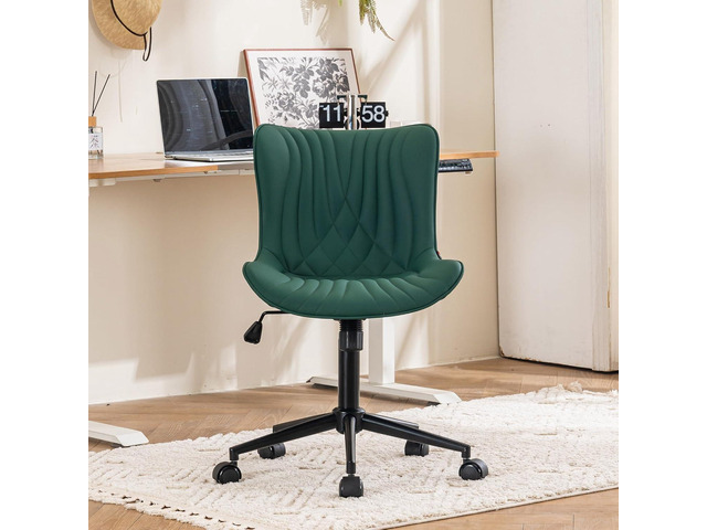 YOUTASTE Dark Green Armless Office Chair, Modern Adjustable Swivel Desk Chair with Wheels, Upholstered PU Leather, Black Metal Legs, Back Support...