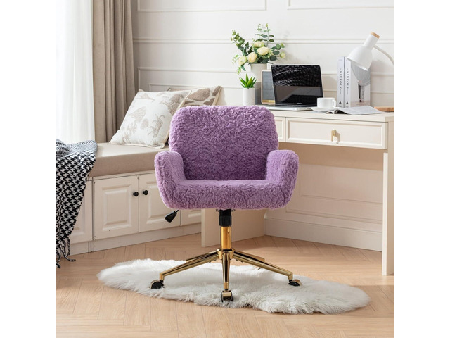 Henf Purple Faux Fur Upholstered Desk Chair Makeup Vanity Chair for Girls,Swivel Office Chair with Gold Base,Height Adjustable Tiltable Computer...