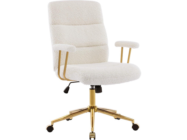 Techni Mobili Elegant White and Gold Fuzzy Office Chair with Textured Boucle Fabric, Modern Desk Chair with Padded Seat, Height Adjustable with...