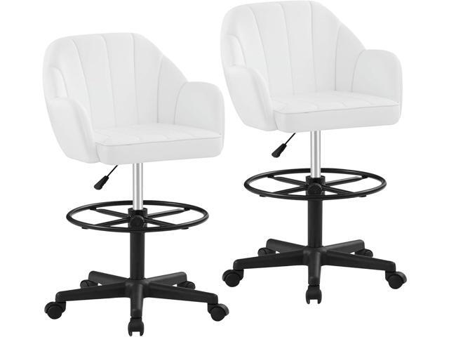 VECELO Home Office Desk Chair with Height Adjustable Seat and Footrest Ergonomic PU Standing Swivel Stool with Back and Arm