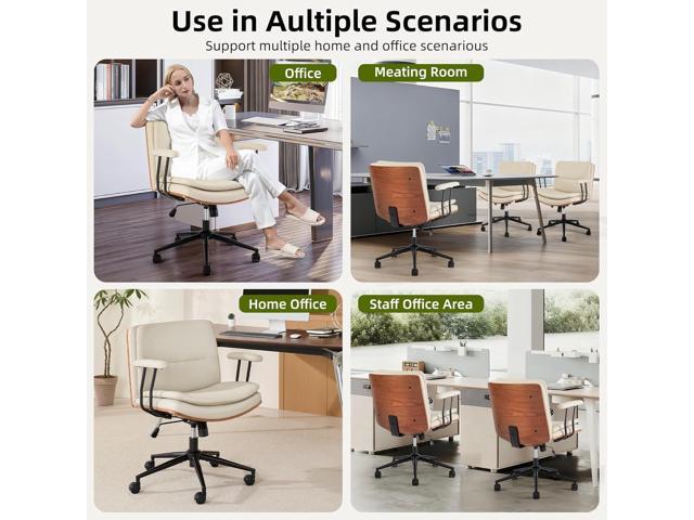 Criss Cross Chair with Armrests & Wheels, PU Leather Adjustable Swivel Walnut Task Chair with Wide Seat, Ergonomic Mid Back Computer Office Desk...