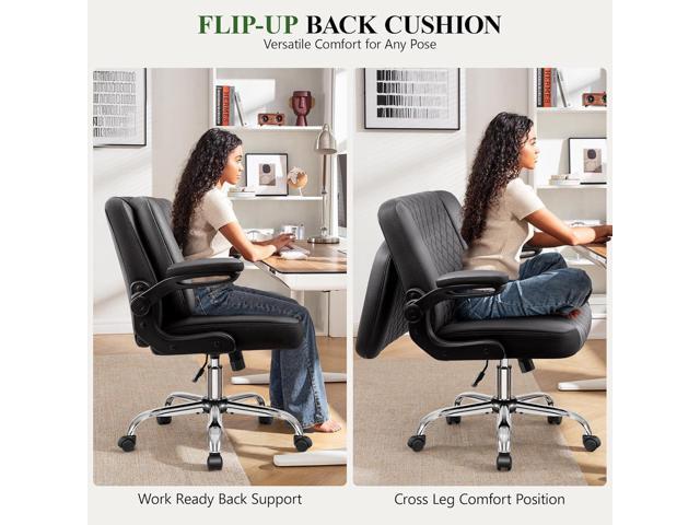 Criss Cross Office Chair with 2-in-1 Flip Backrest Ergonomic PU Leather Floor Sitting Chair, Adjustable Height, 360° Swivel & Flip-Up Arms,...