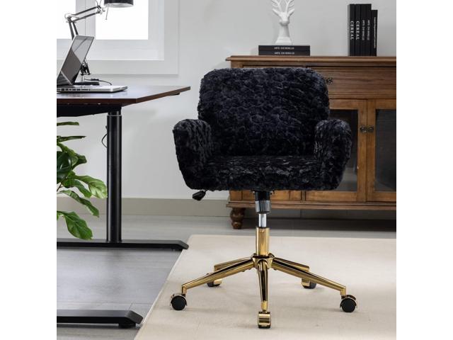 HomVent Furry Cute Office Desk Chair, Modern Faux Fur Desk Chair,Faux Fur Makeup Vanity Chair with Wheels & Gold Base,Adjustable Swivel Ergonomic.