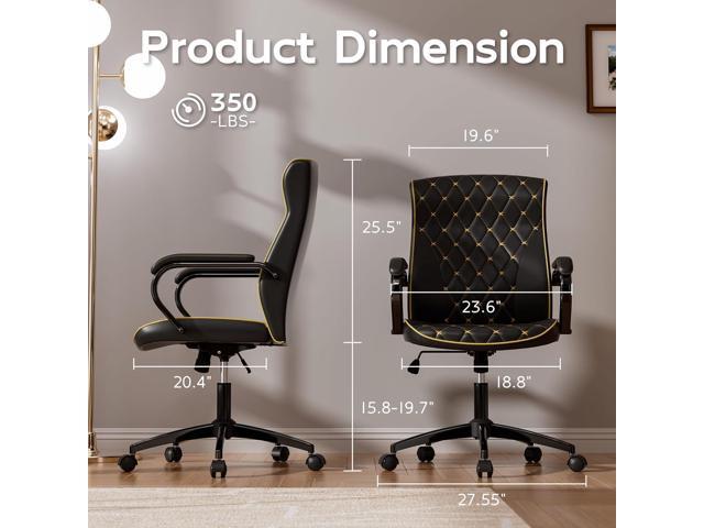 Black Office Chair with Soft Leather Embroidery, Mid Back Vintage Swivel Executive Desk Chair with Wheels and Padded Arms, Adjustable Height