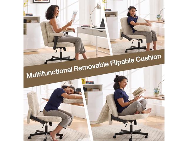 Fizzin Criss Cross Chair,Cross Legged Chair with Wheels and Arms,27' Wide Seat Office Desk Chair with Flipable Back Cushion,Mid Back Beige Swivel...
