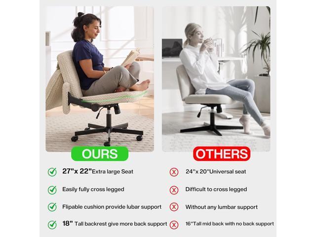 Fizzin Criss Cross Chair,Cross Legged Chair with Wheels and Arms,27' Wide Seat Office Desk Chair with Flipable Back Cushion,Mid Back Beige Swivel...