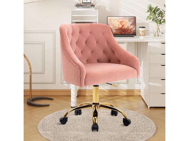 Home Office Chair, Velvet Swivel Adjustable Accent Vanity Chair with Arms Nailhead Trim for Bedroom, for to Living Room, Studying, Office (Pink)