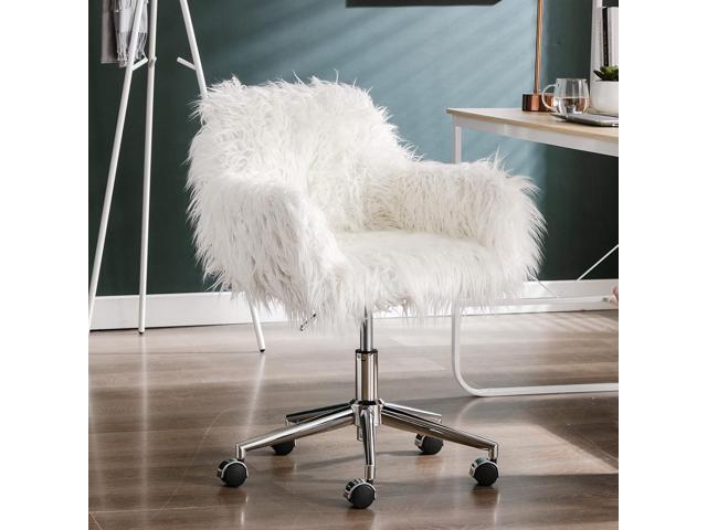 SSLine Faux Fur Vanity Chair Modern White Furry Makeup Desk Chairs for Girls Women Elegant Comfy Upholstered Arm Chair with Rolling Wheels in...