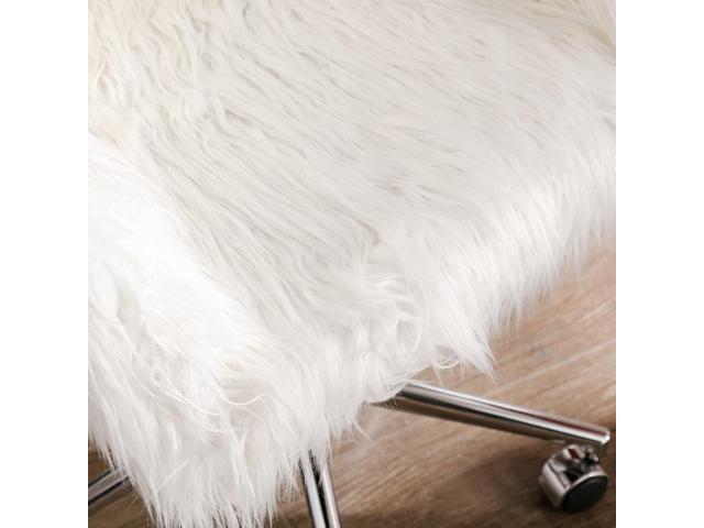 SSLine Faux Fur Vanity Chair Modern White Furry Makeup Desk Chairs for Girls Women Elegant Comfy Upholstered Arm Chair with Rolling Wheels in...