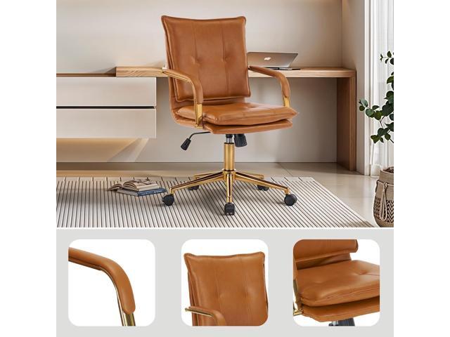MOJAY Mid-Back Ergonomic Leather Office Chair, Modern Upholstered Executive Desk Chair with Gold Frame Armrest Computer Task Chair (Camel)