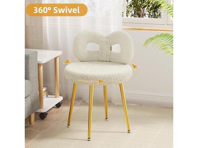 ROOMTEC Swivel Vanity Chair with Back, Upholstered Desk Chair for Girls, Modern Makeup Vanity for Bedroom, Living Room (Off-White with Golden Leg)