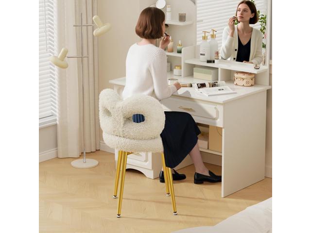 ROOMTEC Swivel Vanity Chair with Back, Upholstered Desk Chair for Girls, Modern Makeup Vanity for Bedroom, Living Room (Off-White with Golden Leg)
