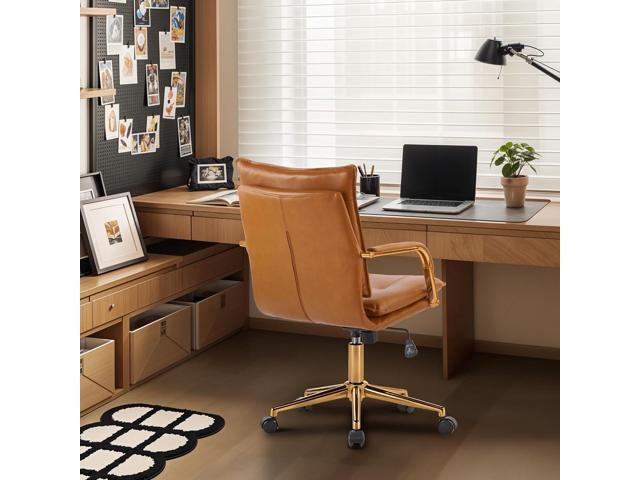 MOJAY Mid-Back Ergonomic Leather Office Chair, Modern Upholstered Executive Desk Chair with Gold Frame Armrest Computer Task Chair (Camel)
