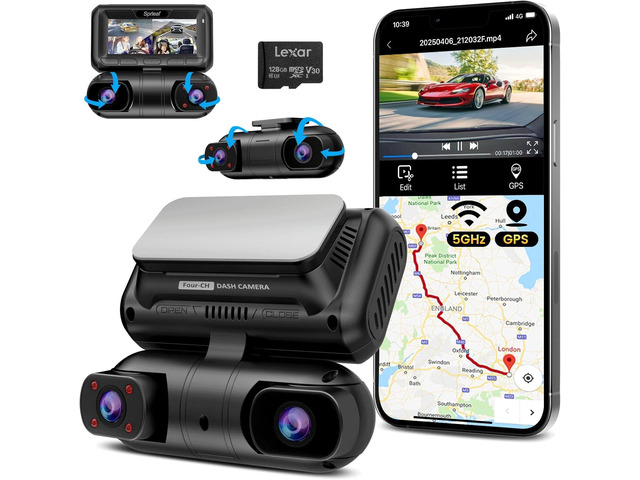 SPRLEAF 4 Channel Dash Cam with Front Cabin Rear Cabin Cameras, 360 Degree View Dash Camera for Cars, Built-in GPS, 5GHz WiFi, IR Night Vision, 24H...