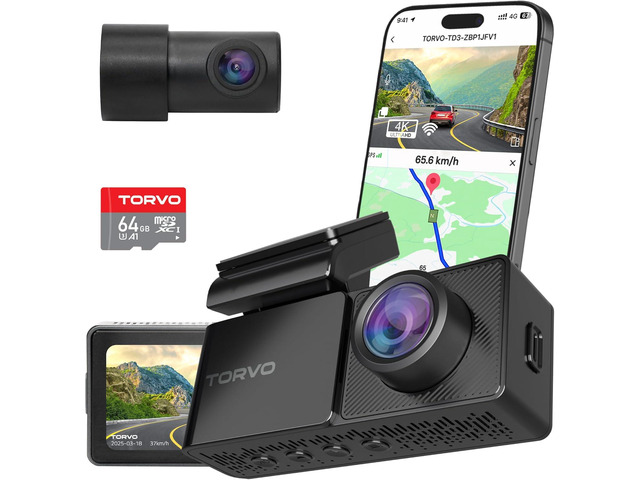 TORVO 4K Dash Cam Front and Rear for Cars Included 64GB Card, 3.2 IPS Screen and Loop Recording, Car Dash Camera 4K/1080p with 5G WiFi & GPS, Night...