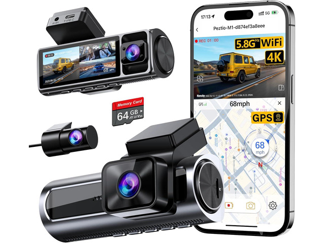 4K 3 Channel Dash Cam Front and Rear Inside, Built-in 5.8GHz WiFi GPS, 64GB Card Included, 4K+1080P+1080P Dash Camera for Cars, 3.18'' IPS Screen...