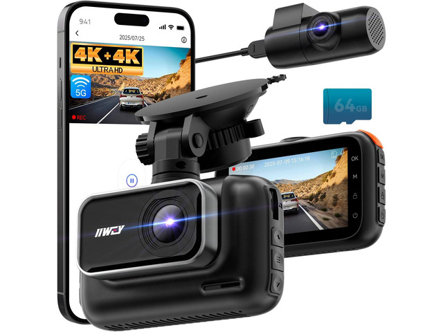 IIWEY 4K+4K Dash Cam Front and Rear, 5G Wi-Fi 64GB SD Card Included, STARVIS Dash Camera for Cars, 3 Inch IPS Screen, Dual Channel HDR Night...