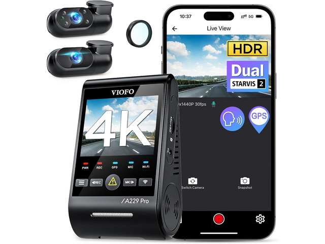 VIOFO A229 Pro 3 Channel 4K HDR Dash Cam, Dual STARVIS 2 Sensors IMX678 & IMX675, 4K+2K+1080P Front Inside and Rear Triple Car Camera, 5GHz WiFi...