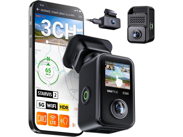 Vantrue E360 Plus 3 Channel Fisheye Dash Cam, Dual STARVIS 2, Front Rear Inside 360 Degree Dash Camera, Front Inside IR Night Vision, GPS, WiFi,...