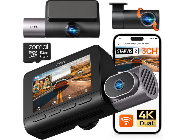 70mai 4K T800 3 Channel Dash Cam, Dash Cam Front and Rear Inside(2160P+2160P+1080P), STARVIS 2 IMX678, HDR Night Vision, Dash Camera for Cars with...