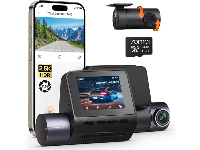 70mai Dash Cam Front and Rear - 2.5K+1080P Dual Dash Camera with HDR, Super Night Vision, F1.55 Aperture, 24H Parking Mode, Built-in Wi-Fi & GPS,...