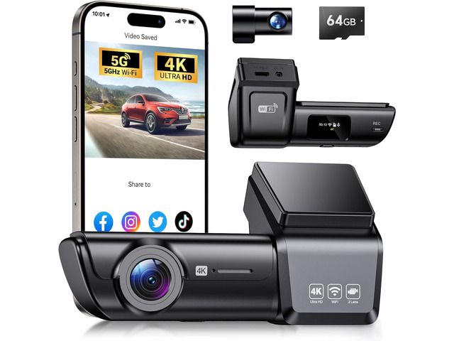F8 Car Camera Dash Cam Front and Rear, 4K+1080P 170° Wide Angle Dual Dash Camera for Cars with 64GB Card,Wireless 5G WiFi & App Control,WDR/HDR Night...