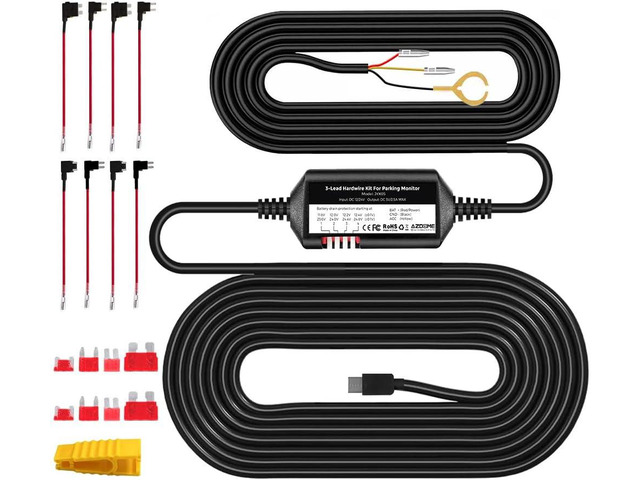 AZDOME 3-Lead ACC Hardwire Kit Type-C USB Port for M550 M01Pro PG17 GS63HPro DashCam, 12ft with Fuse Kit, Dash Camera 24H Parking Monitor, Convert...