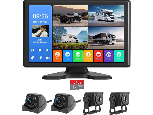 4 Channel Backup Camera System,Touchable 10.26 inch Monitor with DVR Stereo, 64GB Card, IP69 Waterproof, Nightvision 1080P Backup Camera for...