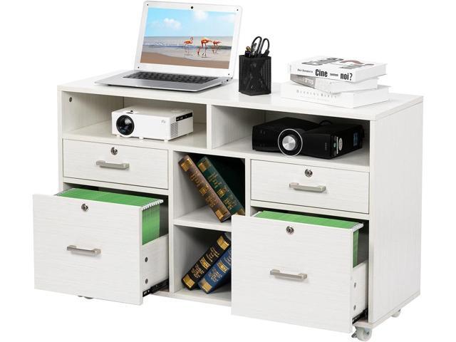 VINGLI Wood Mobile File Cabinet with 4 Drawers and Shelves, Printer Stand with Open Storage, Lockable Lateral Filing Cabinet for Home Office,...