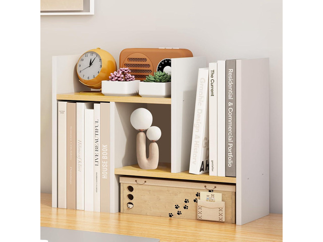 White Desk Organizers and Storage Small Desktop Bookshelf Length Expandable Desk Organization Shelves Counter Corner Book Shelf Adjustable Narrow...