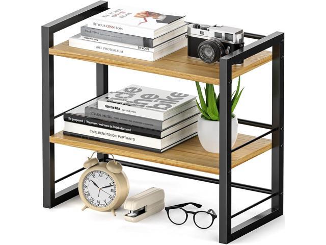 Office Desk Shelf Organizer, Wood Desktop Bookshelf Supplies Storage Rack, Shelf for Top of Desk and Dresser (Black-2 Tier)