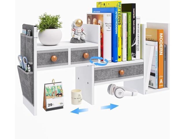 X-cosrack Adjustable Desk Shelves for Storage, Desktop Bookshelf with 3 Drawers, White Wood Desk Shelf for Top of Desk, Corner Desktop Organizer...