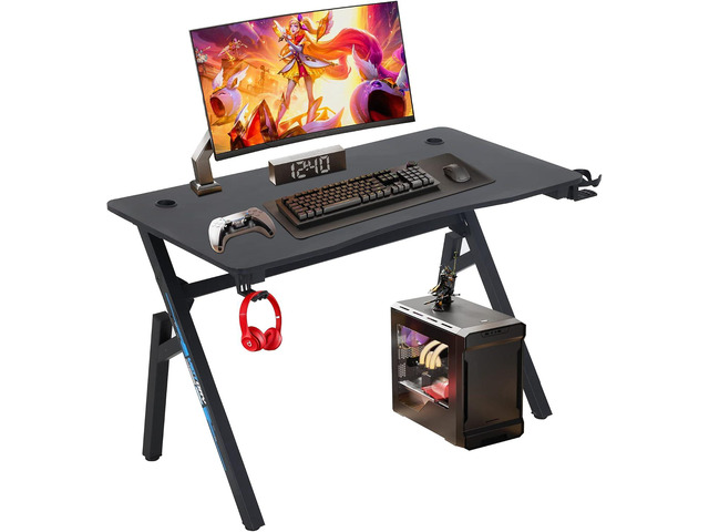 BestOffice 47' Gaming Desk Blue Carbon Fiber Textured Computer Desk Sturdy Steel Frame, Cup Holder, Headphone Hook, Cable Management Holes,...
