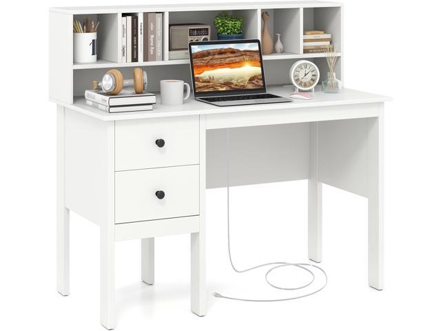 Giantex White Desk with Drawers & Hutch, Home Office Desk with Charging Station, 5 Storage Cubbies, Makeup Vanity Table, Modern Study Writing Desk,.