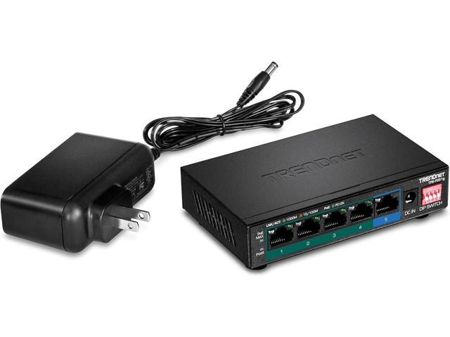 TRENDnet 5-Port Gigabit PoE+ Switch, TPE-TG51g, NDAA + TAA Compliant, Camera DIP Switch Extends Signal 200m (656 ft.), 60W Power Budget, 10Gbps.