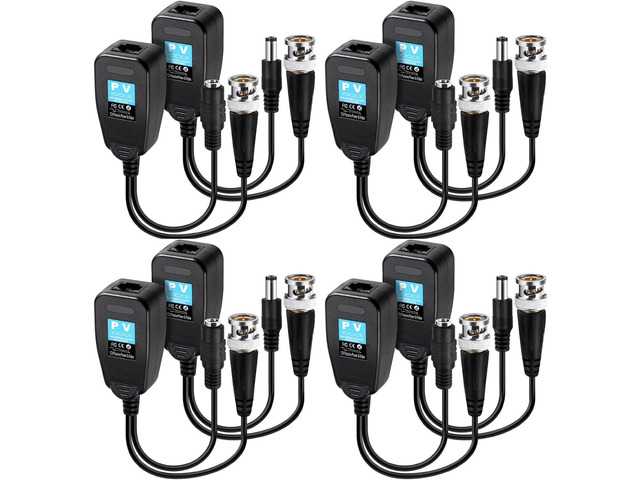 Passive Video Balun 4 Pairs RJ45 Transceiver Transmitter HD-CVI/TVI/AHD/CVBS with DC Built-in Transient Suppression Protection for...