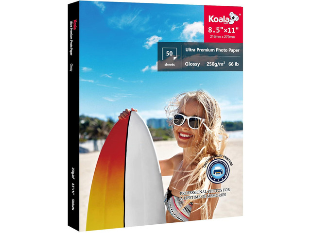 Koala Premium Photo Paper 8.5x11 Inch Glossy Photo Printer Paper for Inkjet Printer Water Resistant 66lb 50 Sheets