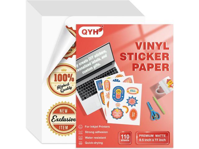 QYH Printable Vinyl Sticker Paper for Inkjet Printers - 110 Sheets, 8.5'x11' Matte Waterproof Sticker Paper - Vibrant, Smudge-Proof for DIY Crafts.