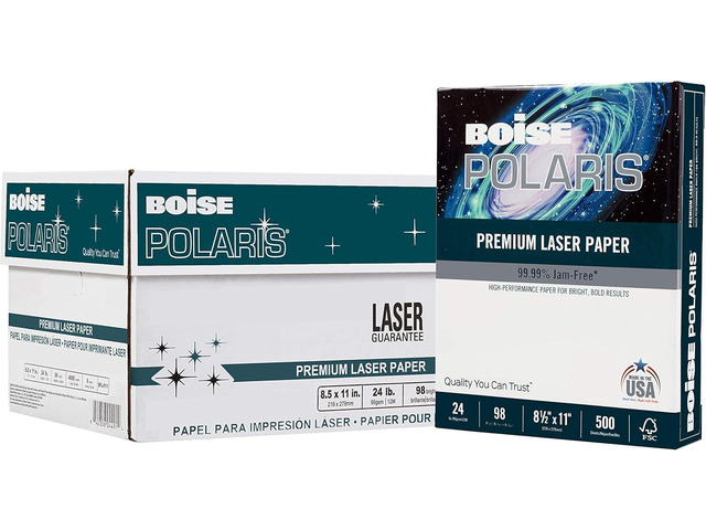 BOISE POLARIS Premium Laser Paper, 8.5' x 11' Letter, 98 Bright White, 24 lb., 8 Ream Carton (4,000 Sheets)