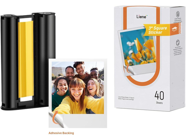 Liene Amber M110 & M210 3x3 Photo Paper 40 Sheets & 1 Cartridge, Photo Printer Sticker Paper Adhesive, Waterproof, Smudge Proof, Instant Photo...
