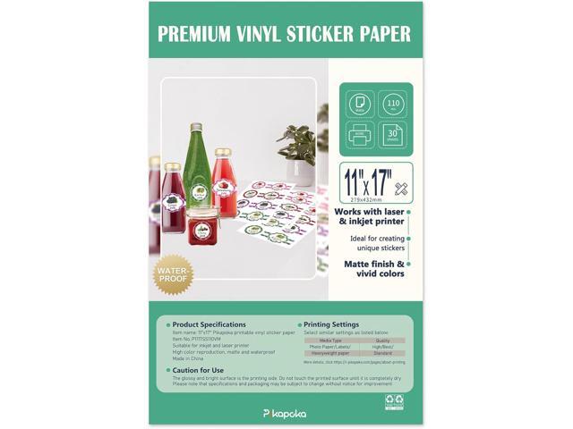 11x17 Removable Self-adhesive Vinyl Sticker Paper, 30 Pack, Waterproof, Suitable for Laser and Inkjet Printer, Matte (P1117SS110VM)
