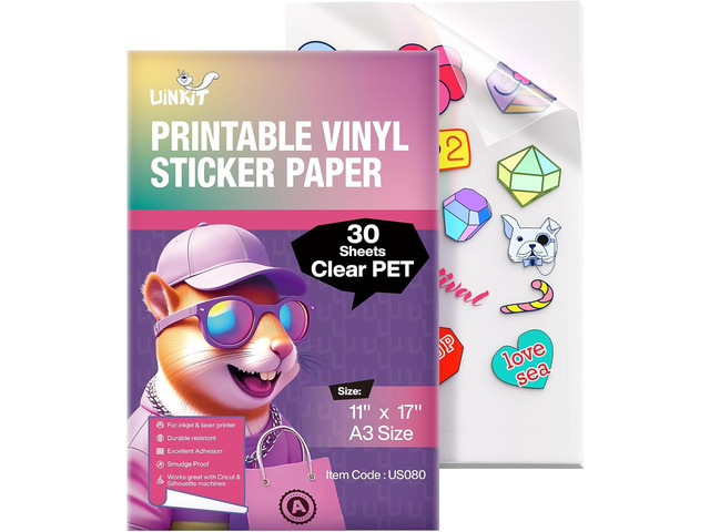 Uinkit 100% Clear Printable Vinyl Sticker Paper - Menu Size (11'x17') Vivid Colors, Self-Adhesive, Non-Waterproof 30 Sheets Labels for...