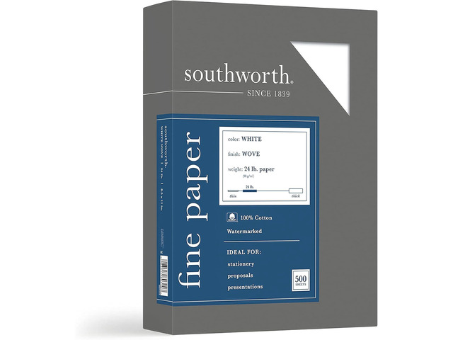 Southworth 100% Cotton Business Paper, 8 1/2' x 11', 24 Lb, 100% Recycled, White, Box Of 500
