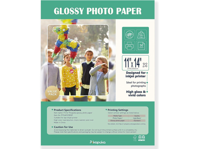 11x14 Glossy Photo Paper, Photo Quality Paper for Inkjet Printer, 50 Pack, 52lb/200gsm (P1114WS200GP)