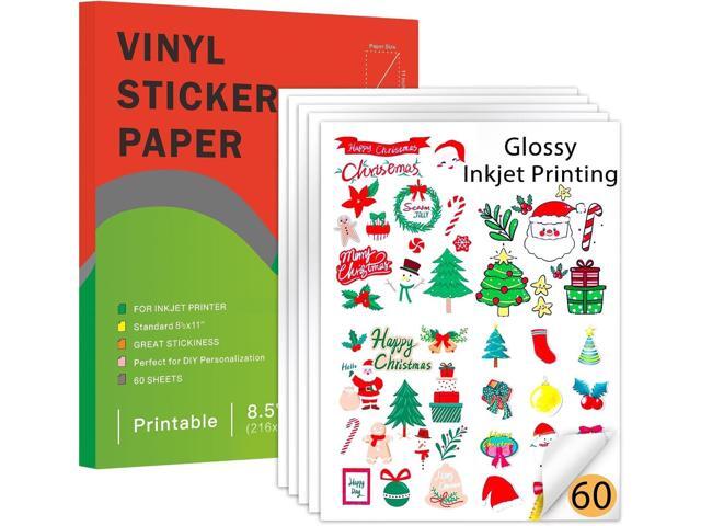 Printable Vinyl Sticker Paper for Inkjet Printer-60 Sheets Glossy White 8.5' x 11' Waterproof Labels Paper, Dries Quickly, Vivid Colors, Tear...