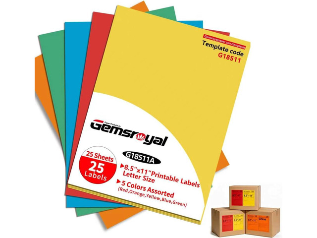 Colored Full Sheet Shipping Labels Printable,8.5'×11',Assorted Bright Neon Colors (Red,Orange,Blue,Green and Yellow),Color Label Stickers for Laser...