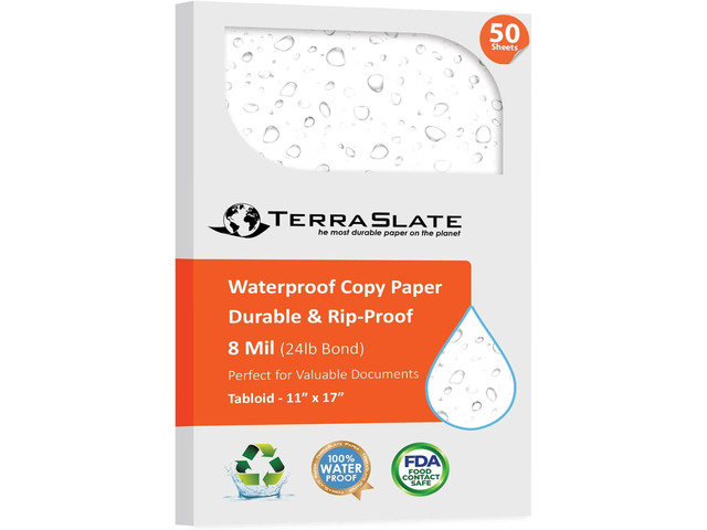TerraSlate 8 MIL Waterproof Paper 11'x17' Weatherproof, Rip-proof Copier Paper, Laser Printer & Copier Compatible, 50 Sheets Ideal for Outdoor,...
