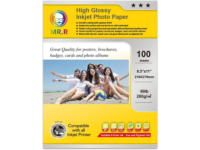 MR. R Single Side High Glossy Inkjet Photo Paper, 260gsm 69LB,8.5''x11'',100 sheets per pack