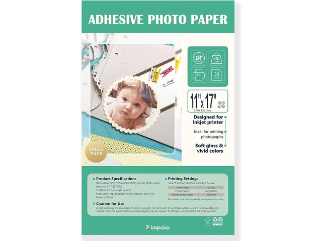 11x17 Self Adhesive Photo Paper, A3 Glossy Photo Sticker for Inkjet Printer, 30 Pack, 115gsm (P1117SS115AG)