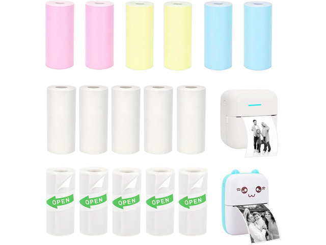 16 Rolls Mini Printer Paper, Including 5 White Sticker, 6 Colored Plain, and 5 White Plain Paper Rolls for Mini Thermal Printer, 57x25 mm,...